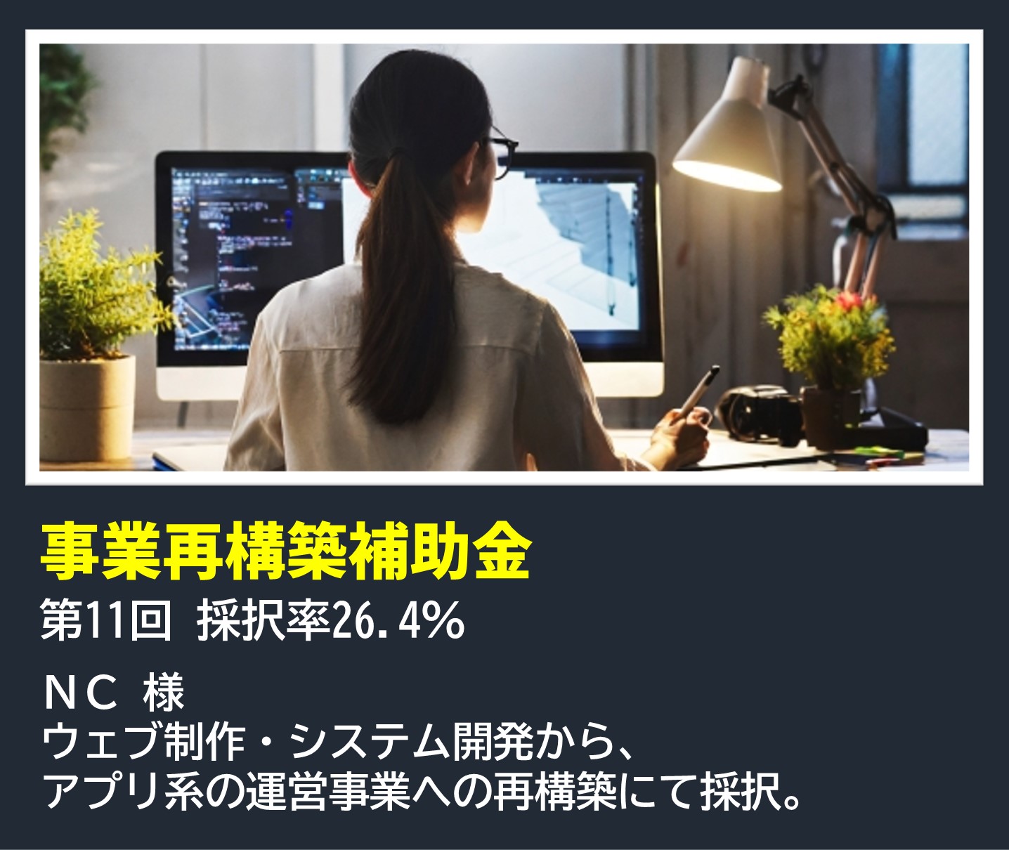 事業再構築補助金|第11回 採択率26.4%|NC 様|ウェブ制作・システム開発から、アプリ系の運営事業への再構築にて採択。