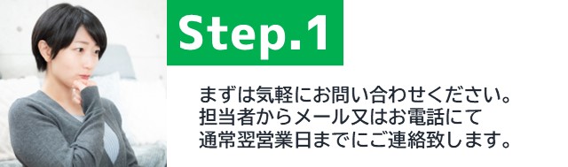 STEP1、補助金申請、まずは気軽にお問い合わせください。担当者からメール又はお電話にて、通常翌営業日までにご連絡致します。