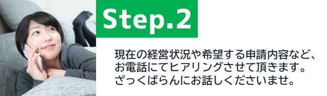 STEP2、現在の経営状況や希望する補助金の申請内容など、お電話にてヒアリングさせて頂きます。ざっくばらんにお話しくださいませ。