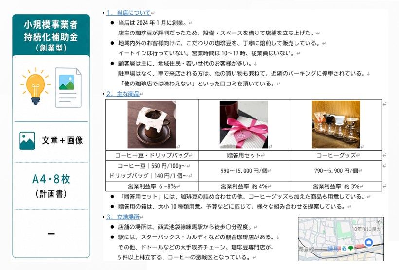 小規模事業者持続化補助金（創業型）の計画書作成例
